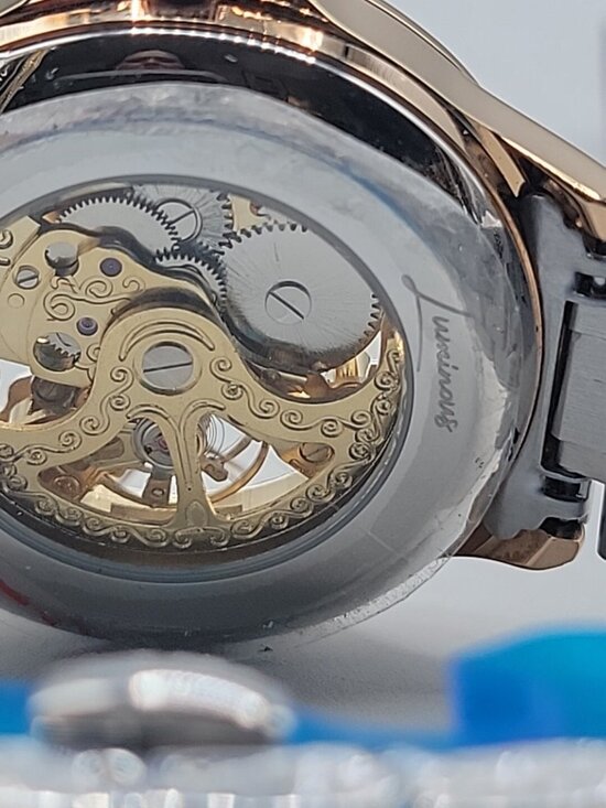 Luminous Mens Skeleton Automatic Watch 42mm T22k Gold Plated Diamond Markers main image 5